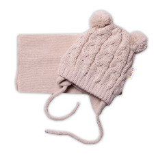 Zimní pletená kojenecká čepička s šálou TEDDY - béžová s bambulkami, vel.62/68