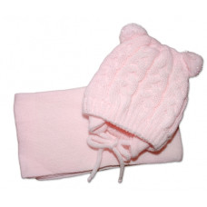 Zimní pletená kojenecká čepička s šálou TEDDY - sv. růžová, vel. 62/68