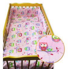 3- dílná souprava do postýlky  P-BABY 120/90cm s rovným mantinelem  malé sovičky růžové - zelená  Baby tex - ČESKÁ VÝROBA  !!!