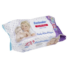 Vlhčené ubrousky FRESHMAKER s uzavíratelným  klipem a  pečujícím mlékem 120 kusů  JUMBO PACK bílo-fialový obal  AKCE !!!
