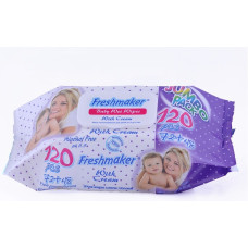 Vlhčené ubrousky FRESHMAKER s uzavíratelným  klipem a  pečujícím mlékem 120 kusů  JUMBO PACK bílo-fialový obal  AKCE !!!
