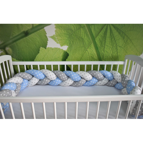 Luxusní bavlněný mantinel - cop DUETBABY šedá+bílá + modrá puntíky Luxusní bavlněný mantinel - cop DUETBABY šedá+bílá + modrá puntíky