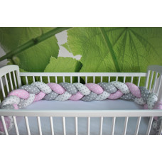 Luxusní bavlněný  mantinel - cop  DUETBABY šedá+bílá + růžová puntíky 