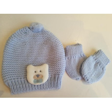 2 - dílný vlněný pletený komplet čepice + rukavice s 3D aplikací medvídka DODO BABY modrá