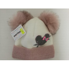Dětská - dívčí čepice 2 bambule  - MINNIE  krémová + růžová
