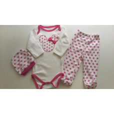 3 -dílný bavlněný komplet - tepláčky + body dlouhý rukáv - kolekce MINNIE  krémovo - tm. růžová