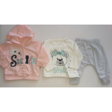 3 - dílný dětský  komplet  mikina s aplikací SMILE - medvídek  + tepláky - baggy   + triko dl. rukáv BABY GO 