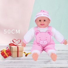 Smějící se panenka / miminko reborn  v 3-dílném oblečku s měkkým tělíčkem výška 50 cm růžové oblečení