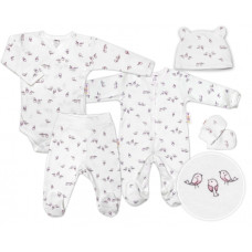 Baby Nellys 5-dílná soupravička do porodnice Ptáčci - ecru/růžová