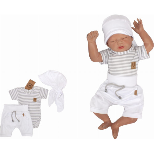 Z&Z 3-dílná sada body kr. rukáv, kraťásky s provázkem , čepička - šedo, bílá