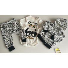 3 - dílný dětský  komplet  -mikina na patentky   + tepláky + body dlouhý rukáv - kolekce PANDA  černá/bílá