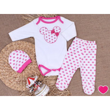 3 -dílný bavlněný komplet - tepláčky + body dlouhý rukáv - kolekce MINNIE  krémovo - tm. růžová