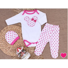3-dílná bavlněná kojenecká souprava body +  polodupačky +  čepička Minnie Smetanová/růžová