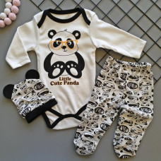 3-dílná bavlněná kojenecká souprava body +  polodupačky +  čepička PANDA Černo/ bílá