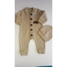  Dětská bavlněná kombinéza / overal  - jednovrstvá  knoflíčky  + čepice  CARMELINA Béžová
