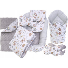 MEGA SADA -  Oboustranné hnízdečko (kokon) pro miminko s doplňky - BABYM PREMIUM set 7v1  - Srneček a přátelé s šedou minky