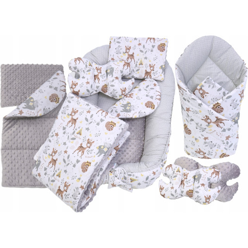 MEGA SADA - Oboustranné hnízdečko (kokon) pro miminko s doplňky - BABYM PREMIUM set 7v1 - Srneček a přátelé s šedou minky MEGA SADA - Oboustranné hnízdečko (kokon) pro miminko s doplňky - BABYM PREMIUM set 7v1 - Srneček a přátelé s šedou minky