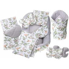 MEGA SADA -  Oboustranné hnízdečko (kokon) pro miminko s doplňky - BABYM PREMIUM set 7v1  - lesní zvířátka  s šedou minky