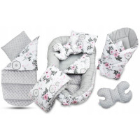 MEGA SADA - Oboustranné hnízdečko (kokon) pro miminko s doplňky - BABYM PREMIUM set 7v1 - růžové růže s šedou minky