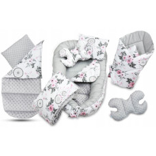 MEGA SADA - Oboustranné hnízdečko (kokon) pro miminko s doplňky - BABYM PREMIUM set 7v1 - růžové růže s šedou minky