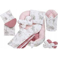 MEGA SADA -  Oboustranné hnízdečko (kokon) pro miminko s doplňky - BABYM PREMIUM set 7v1 1 - sloníci na obláčku   s růžovým   minky