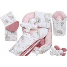 MEGA SADA -  Oboustranné hnízdečko (kokon) pro miminko s doplňky - BABYM PREMIUM set 7v1 1 - sloníci na obláčku   s růžovým   minky