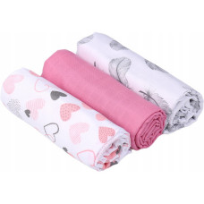 Mušelínové pleny PREMIUM SET 3ks BABYM růžová / srdíčka / pírka 