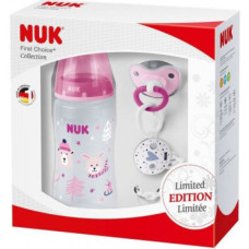 NUK Dárková sada     -     lahvička  + dudlíček  0-6 m + klip  na dudlíček  Růžová