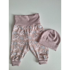 2- dílní komlet- čepička + Rostoucí kojenecké bavlněné Kalhoty / tepláčky   BAGGY    ODO  ČESKÁ VÝROBA !  Pudrově růžová + sloníci