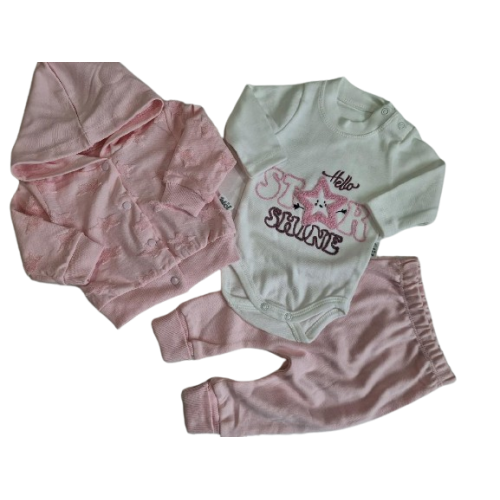 3 - dílný dětský  komplet  mikina na patentky   + tepláky / baggy + body dlouhý rukáv kolekce HVĚZDIČKY   ELCI BABY  světle růžová