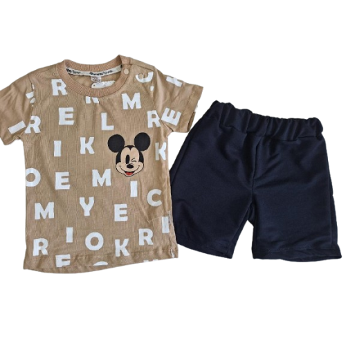 2 - dílný bavlněný komplet triko Mickey + jeans šortky s kapsou  béžová DONINO