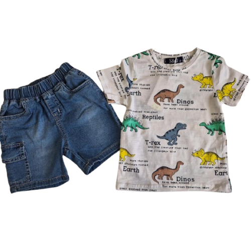 2 - dílný bavlněný komplet triko dinosauři + jeans šortky s kapsou  béžová S&D  Bílo / modrá