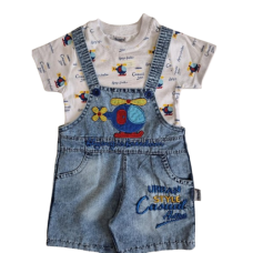 2 - dílný bavlněný komplet triko krátký rukáv + jeans šortky na lacl  vrtulník 