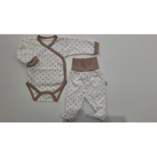  2-dílná luxusní  soupravička, body dl. rukáv +  polodupačky  SRDÍČKA   BABY SERVICE  Smetanová / hnědá