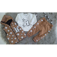 3 - dílný dětský  komplet  vestička na zip   + tepláky / baggy + triko  dlouhý rukáv BRAVA BABY  kolekce  hvězdy  Hnědá