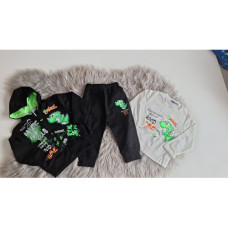 3 - dílný dětský  komplet  mikina na zip    + tepláky + triko  dlouhý rukáv kolekce Dino Černo / zelená