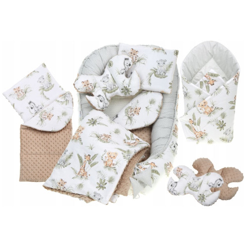 MEGA SADA - Oboustranné hnízdečko (kokon) pro miminko s doplňky - BABYM PREMIUM set 7v1 SAFARI MEGA SADA - Oboustranné hnízdečko (kokon) pro miminko s doplňky - BABYM PREMIUM set 7v1 SAFARI