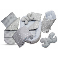 MEGA SADA -  Oboustranné hnízdečko (kokon) pro miminko s doplňky - BABYM PREMIUM set 7v1 Šedá + hvězdičky 
