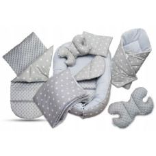 MEGA SADA -  Oboustranné hnízdečko (kokon) pro miminko s doplňky - BABYM PREMIUM set 7v1 Šedá + hvězdičky 