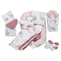 MEGA SADA -  Oboustranné hnízdečko (kokon) pro miminko s doplňky - BABYM PREMIUM set 7v1 Slon růžový