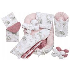 MEGA SADA -  Oboustranné hnízdečko (kokon) pro miminko s doplňky - BABYM PREMIUM set 7v1 Slon růžový