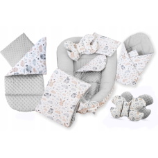 MEGA SADA -  Oboustranné hnízdečko (kokon) pro miminko s doplňky - BABYM PREMIUM set 7v1 Zajíčci + sovy