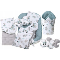 MEGA SADA -  Oboustranné hnízdečko (kokon) pro miminko s doplňky - BABYM PREMIUM set 7v1 Safari auto / modré