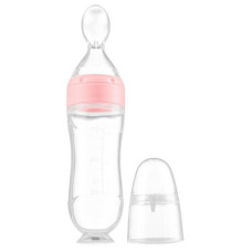 Silikonová kojenecká láhev s vestavěnou lžičkou Kidnort – 90 ml růžová