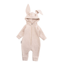 Dětská kojenecká  kombinéza  Bunny  – měkká, hřejivá a s oušky králíčka FLOO FOR BABY  / béžová