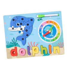 Montessori dřevěné puzzle – Abeceda, delfín a hodiny  s kreslicí tabulkou