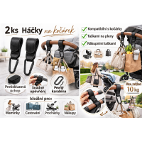 Univerzální háčky na kočárek 2 ks – protiskluzové, pevná karabina