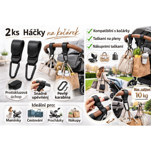 Univerzální háčky na kočárek 2 ks – protiskluzové, pevná karabina Univerzální háčky na kočárek 2 ks – protiskluzové, pevná karabina