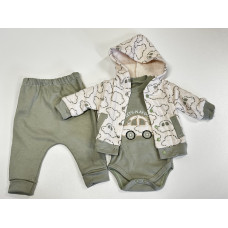 3 - dílný dětský  komplet  mikina na patentky   + tepláky / baggy + body dlouhý rukáv kolekce autíčka  Olivově zelená