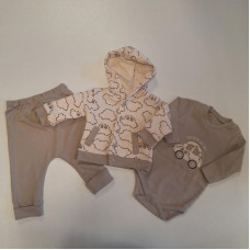 3 - dílný dětský  komplet  mikina na patentky   + tepláky / baggy + body dlouhý rukáv kolekce autíčka  Béžová